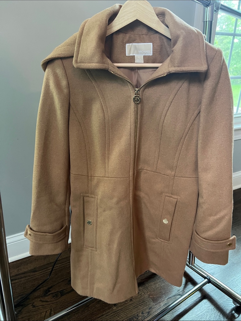 Michael Kors Camel Zip-Up Wool Blend Jacket - removable hood